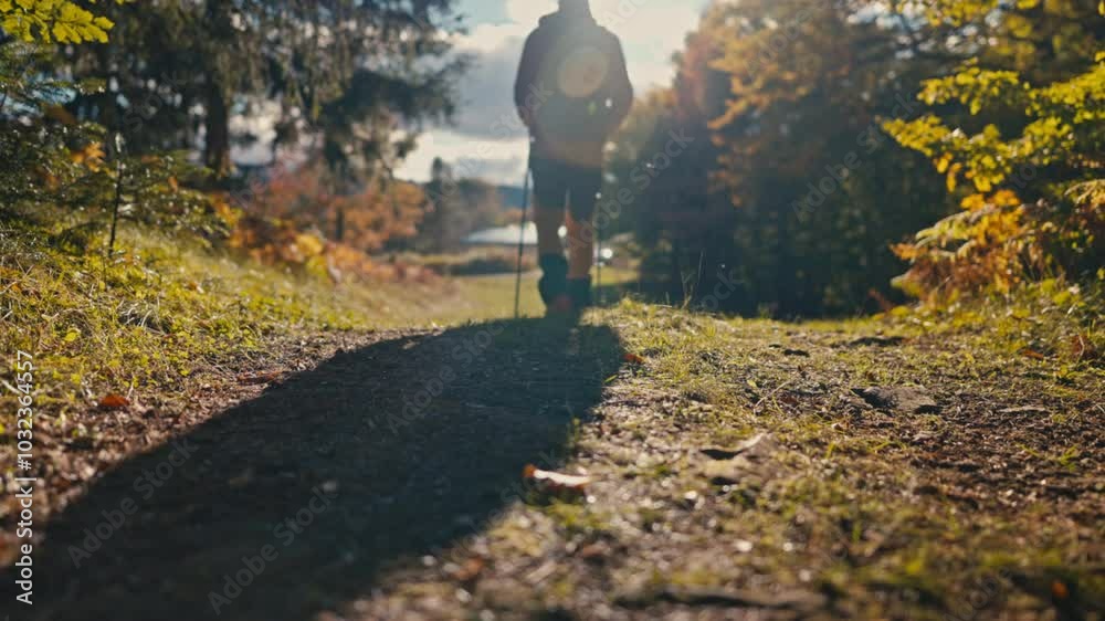 Close-up of a hiker's boots as they walk along a forest trail with trekking poles. The autumn foliage and sunlight create a peaceful nature atmosphere. Concept of outdoor hiking adventure