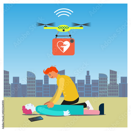 Drone bringing a defibrillator. The drone can quickly assist with life-saving equipment to help a person with sudden cardiac arrest. Use case for UAV technology. Vector Illustration