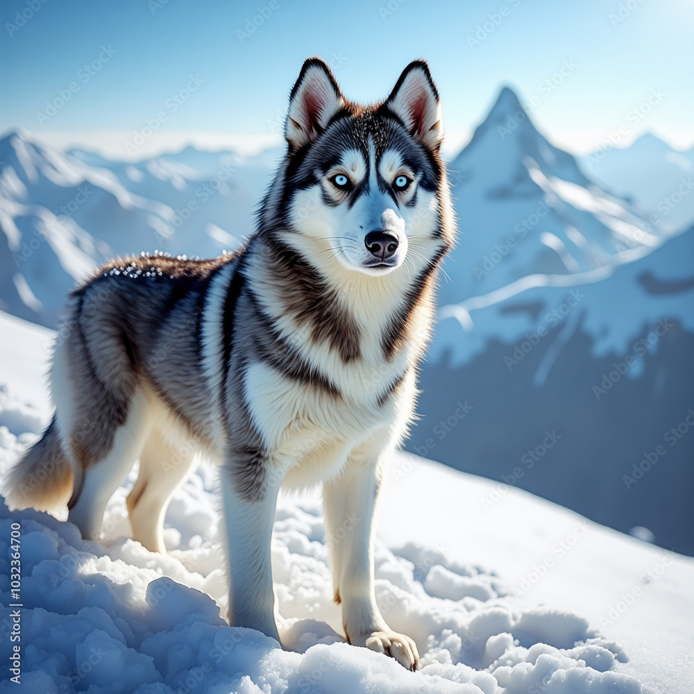 Fototapeta premium Dog is standing on a snowy mountain