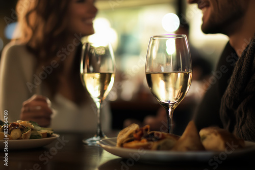 Couple Enjoying Wine and Dinner at a Cozy Restaurant, Close-up of wine glasses and plates of food with a couple smiling in the background, sharing a relaxed dinner at a cozy restaurant.