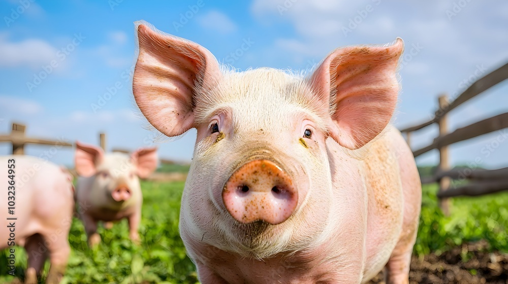 Pigs freely roaming in a lush verdant farm setting with a picturesque countryside landscape and rustic wooden fencing surrounding the pastoral scene Pigs freely roaming in a lush verdant farm setting with a picturesque countryside landscape and rustic wooden fencing surrounding the pastoral scene