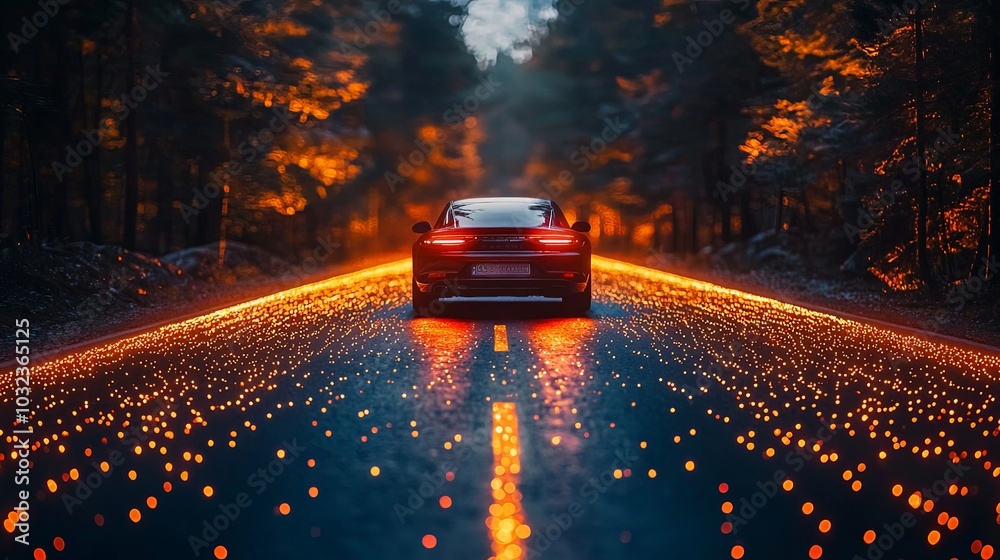 A luxury car follows an illuminated, glowing pathway through a dark forest, symbolizing the journey of innovation and the fusion of nature and technology.