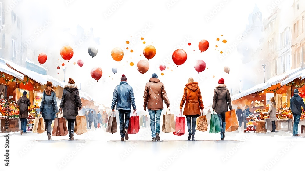 Naklejka premium A Joyful Watercolor Shopping Spree in a Vibrant Street Filled with Balloons and Excitement. Shopping Sprees Concept