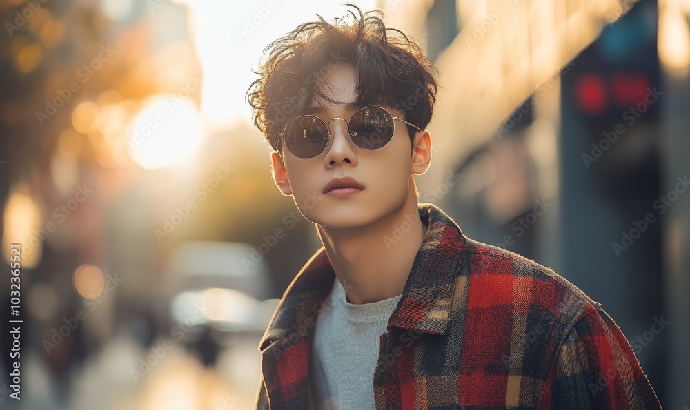 Young handsome Asian man fashion model in urban city, Generative AI Young handsome Asian man fashion model in urban city, Generative AI