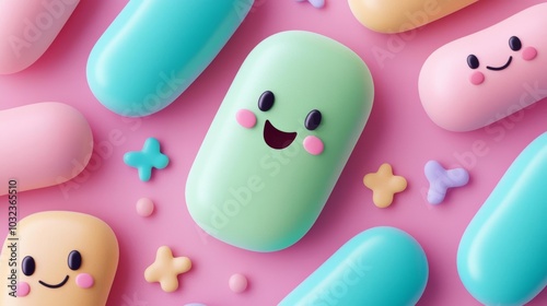 A colorful microscopic view of gut bacteria, represented as friendly, smiling characters, Gut bacteria, happy microbiota, friendly gut microbes supporting health