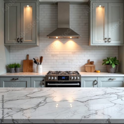 Kitchen with a marble countertop and white cabinets photo