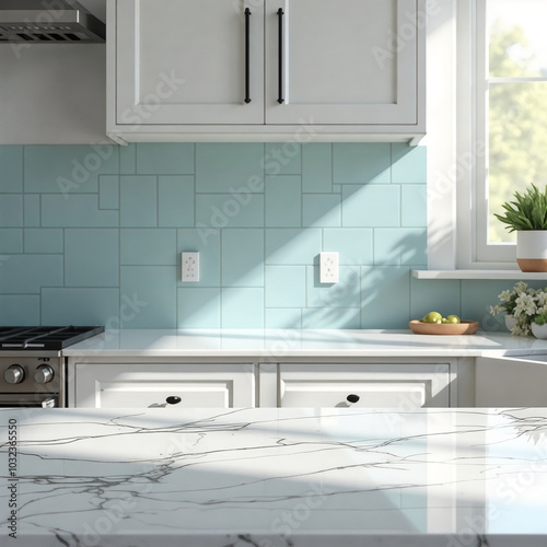 Kitchen with a blue tile backsplash and white cabinets photo