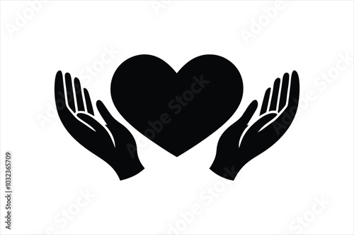 Love icon between two hand silhouette black vector art illustration.