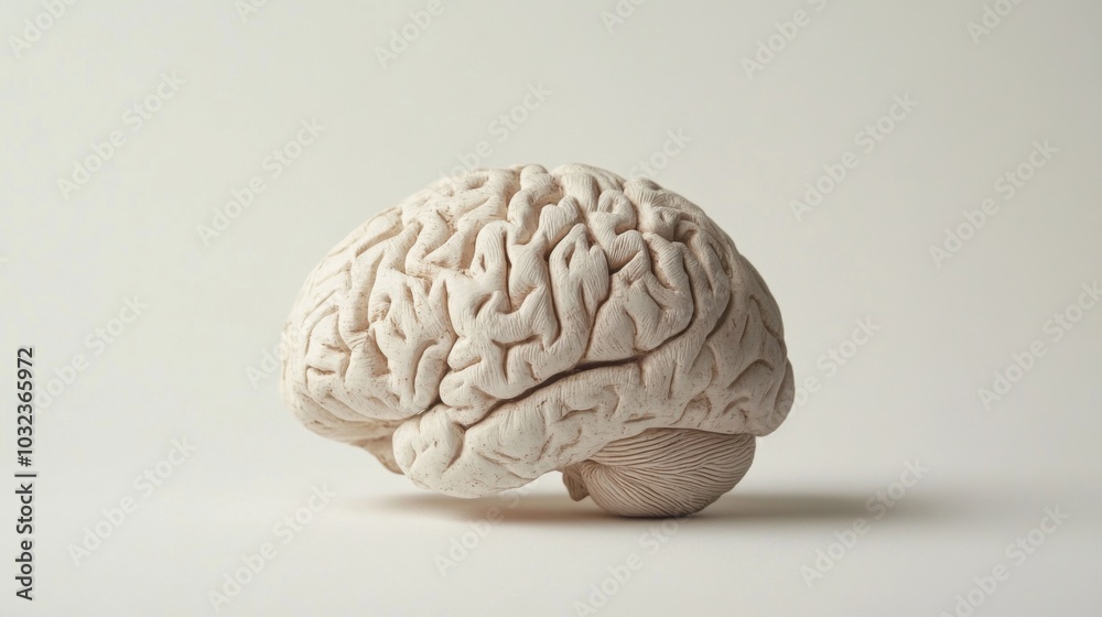 Obraz premium Close-up of a human brain model displaying visible age-related changes, including wrinkles and discoloration, on a white background with ample copy space. Focus on the natural aging brain.