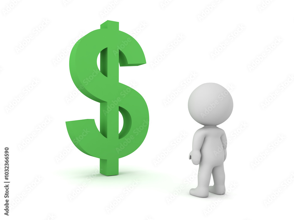 3D Character Looking at a Large Dollar Symbol 3D Character Looking at a Large Dollar Symbol