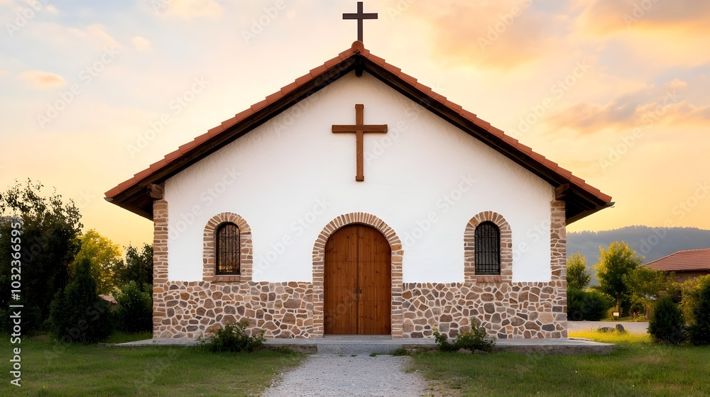 Majestic cross shaped church structure standing as a tranquil and peaceful spiritual refuge with charming cottage style surroundings intricate carved stonework Majestic cross shaped church structure standing as a tranquil and peaceful spiritual refuge with charming cottage style surroundings intricate carved stonework