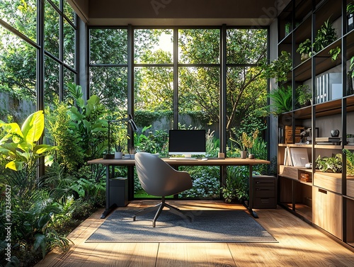 A home office with a large window overlooking a lush garden.