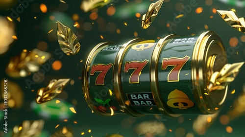 Three green slot machine reels with golden 7s and falling gold leaves.