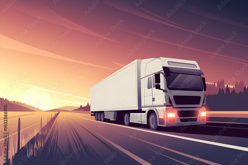 White truck speeds down highway at sunset, fields and trees in peaceful backdrop White truck speeds down highway at sunset, fields and trees in peaceful backdrop