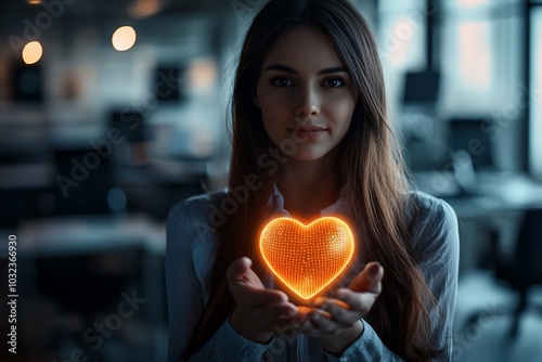 A young woman holds a glowing heart symbol in her cupped hands, a representation of compassion and connection in a technological world.