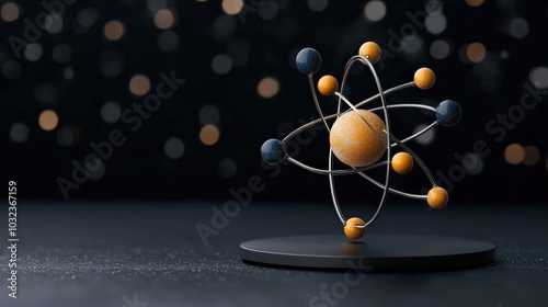 model of an atom on a dark background with bokeh lights. photo