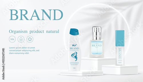 Serum skin moisture product Vector ads banner for organism skincare cosmetic. Packaging with moisturizing cream and serum in the white modern background with neon light and leaf shadow