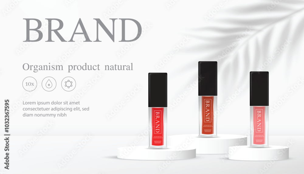 Three serum cosmetics on the white podiums with white and grey background and leaf shadow Three serum cosmetics on the white podiums with white and grey background and leaf shadow