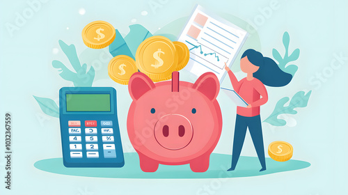 Financial management illustration with piggy bank, calculator, and investment growth concept, perfect for personal budgeting, saving tips, and money management strategies