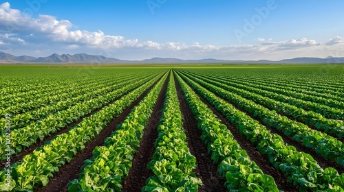 Lush green farm fields stretching out under a bright blue sky with neat rows of thriving crops creating a scenic and bountiful agricultural landscape