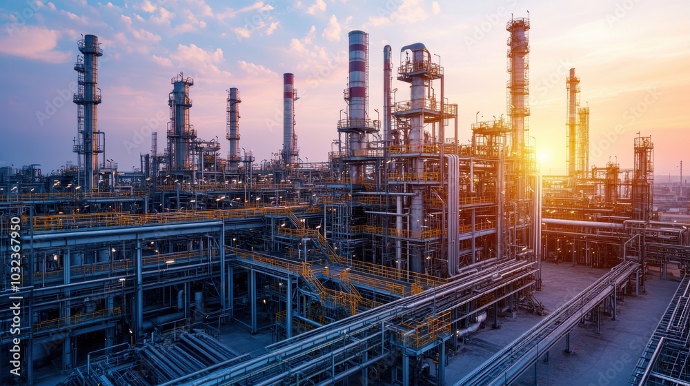 Oil refinery plant complex is operating at sunset time lapse Oil refinery plant complex is operating at sunset time lapse