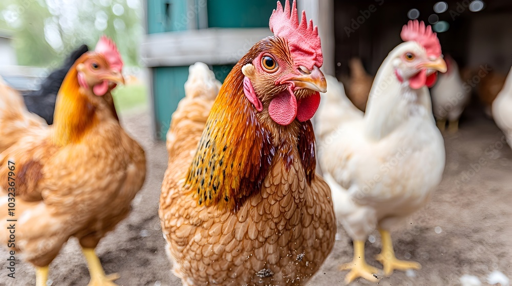 Fototapeta premium Chickens Pecking in the Dirt of a Free Range Farm Chicken Coop A Rustic Pastoral Scene of a Traditional Wooden Chicken Coop on a Sustainable Eco Friendly Farm