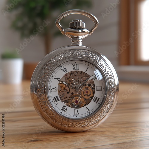 a small silver ornate clock resting on a wooden table photo