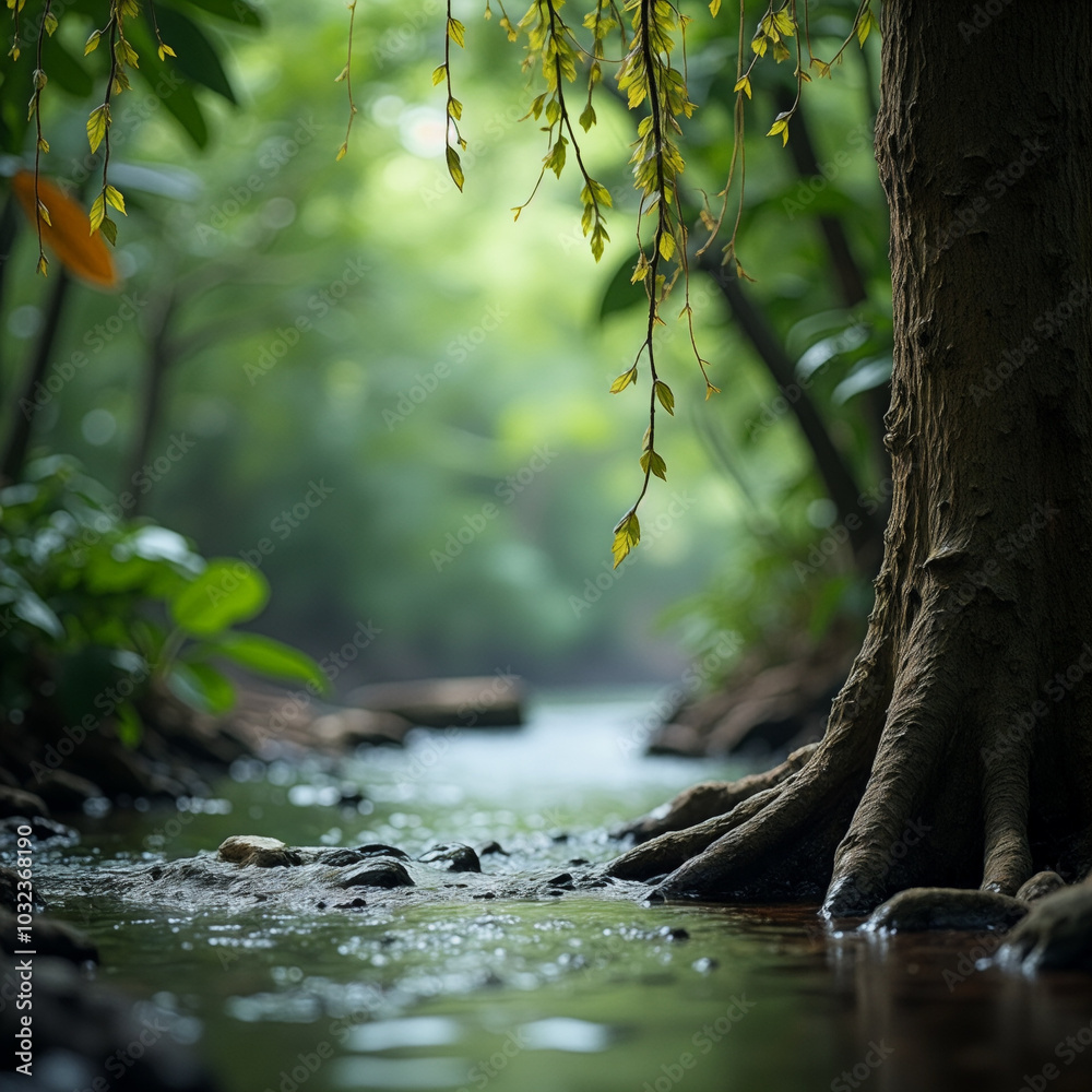 Fototapeta premium Tree with a leafy branch over a stream
