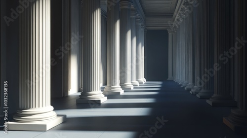 A serene corridor lined with classical columns, illuminated by soft light and shadows.