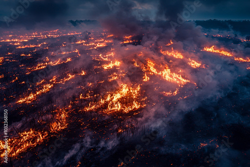 Wildfire engulfs dry grasslands at dusk, illuminating the dark sky