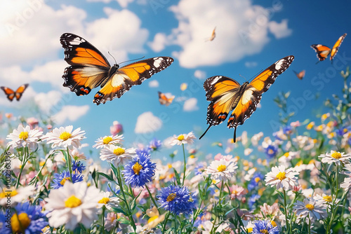Colorful butterflies fluttering over a vibrant flower field in spring