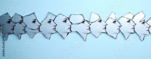 A shattered mirror reflecting multiple versions of the same face, symbolizing identity and the concept of selfperception photo