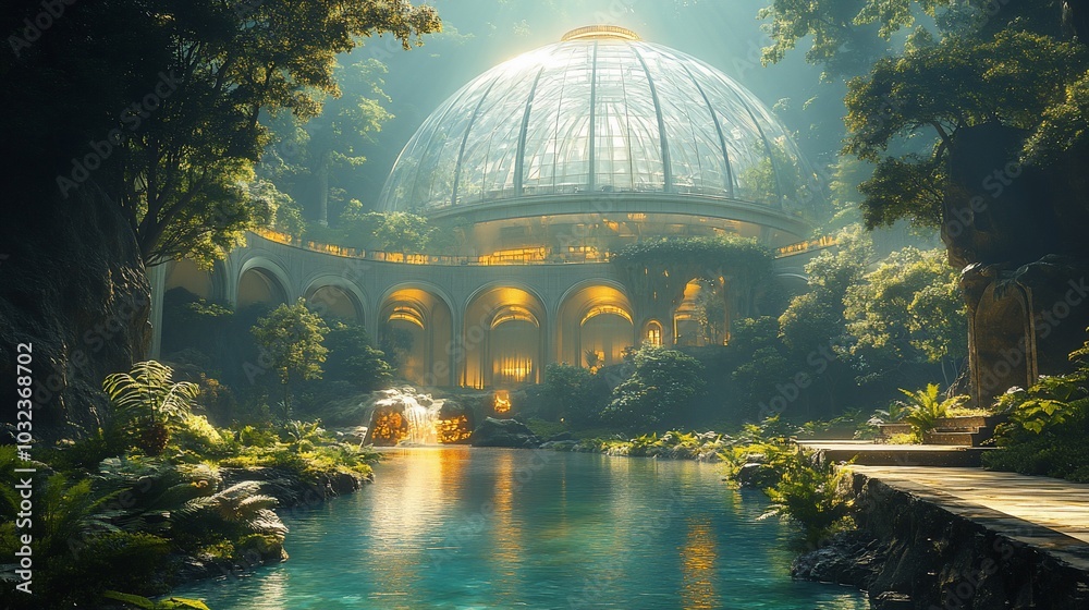 Fototapeta premium A futuristic glass dome building surrounded by lush greenery and a flowing stream.