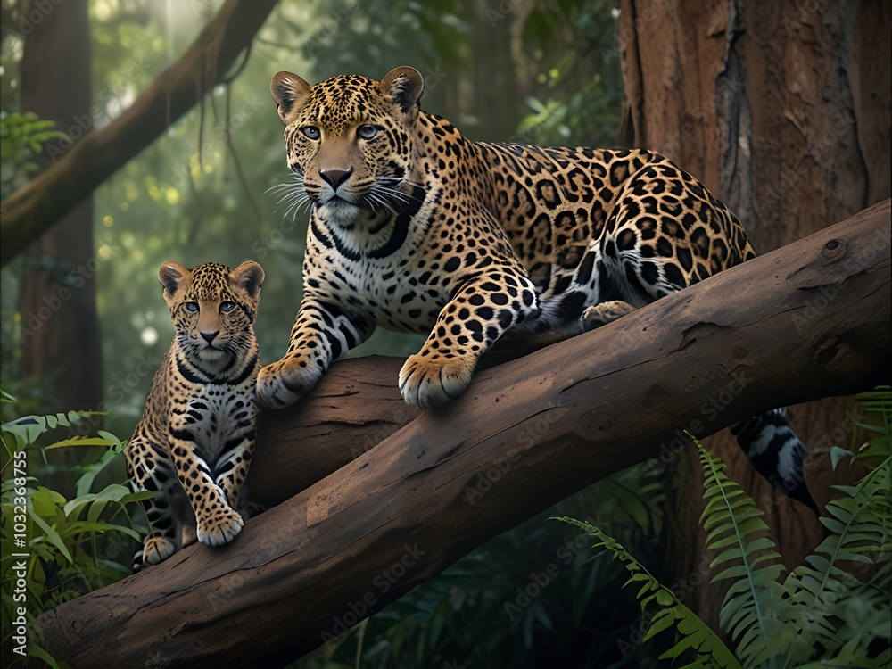 A jaguar and a cub sits on a tree branch A jaguar and a cub sits on a tree branch
