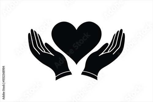 Love icon between two hand silhouette black vector art illustration.