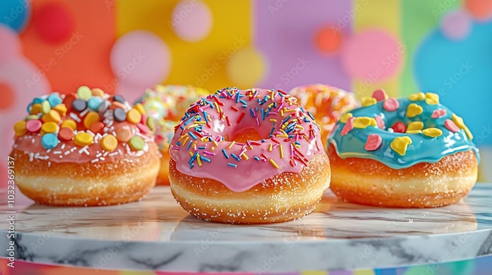 Four assorted donuts on a marble cake stand with a colorful background.