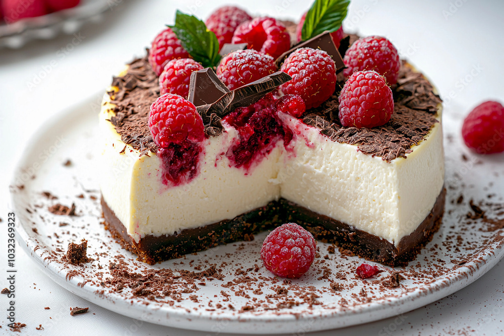 Delicious raspberry cheesecake with chocolate garnish on a plate Delicious raspberry cheesecake with chocolate garnish on a plate