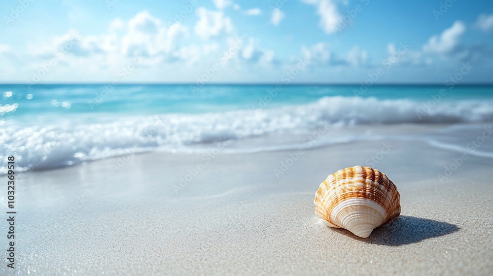 A seashell lies on a pristine white sandy beach with turquoise water and blue sky in the background. A seashell lies on a pristine white sandy beach with turquoise water and blue sky in the background.
