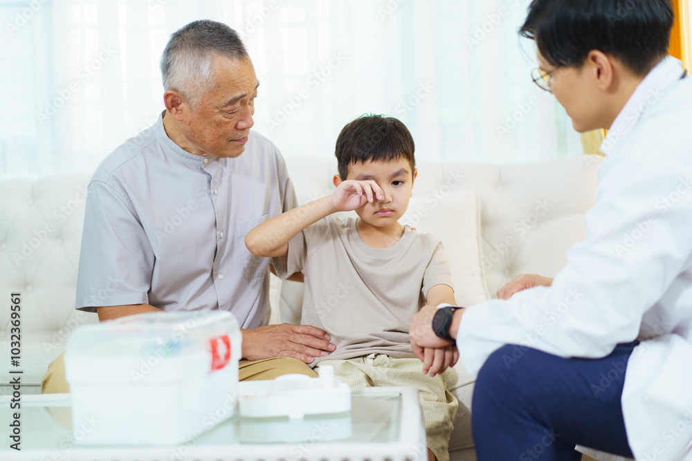 Grandfather taking his grandson to see doctor in hospital. Grandfather taking his grandson to see doctor in hospital.