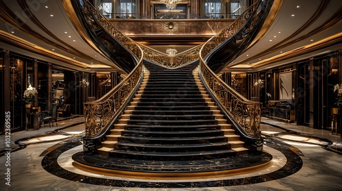 Grand, elegant staircase with ornate gold railing and black marble steps leading up to a luxurious upper level. photo