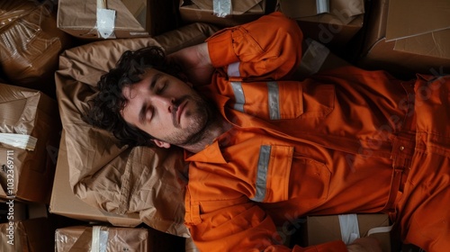 Worker in orange coveralls sleeping on cardboard boxes photo