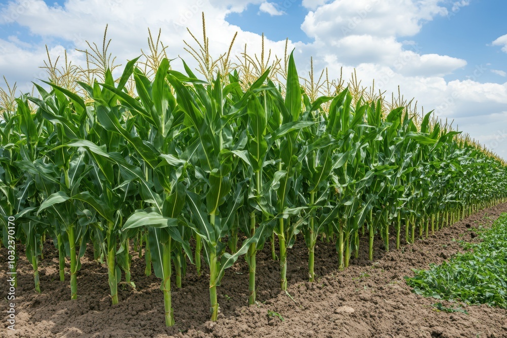Rows of healthy corn plants growing on a farm Rows of healthy corn plants growing on a farm
