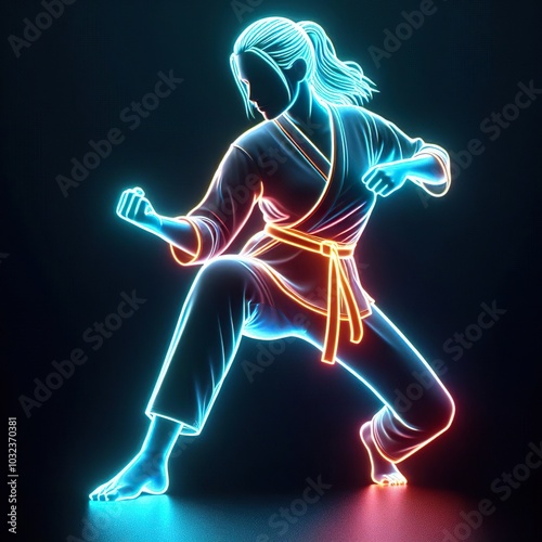 woman doing martial arts action, black background. 3D rendering. Neon lights