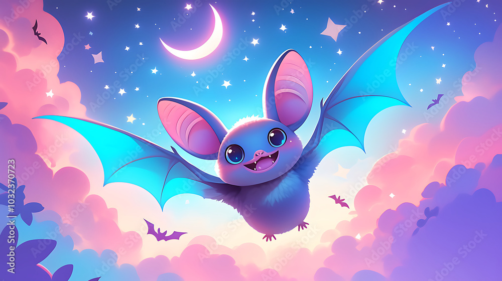 A playful and cute cartoon bat character flying joyfully under a starry night sky A playful and cute cartoon bat character flying joyfully under a starry night sky