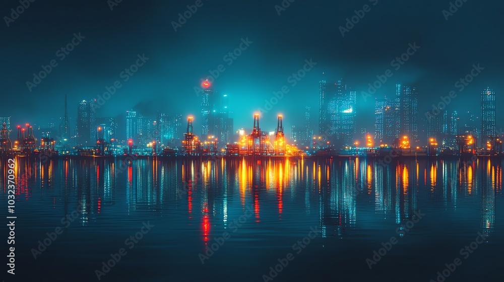 A panoramic view of a city skyline at night with lights reflected in the water. A panoramic view of a city skyline at night with lights reflected in the water.