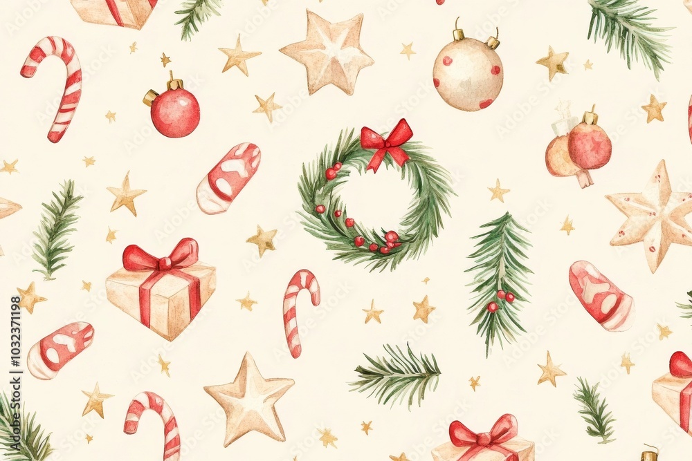new year and christmas watercolor seamless pattern with christmas wreath, toys, stars and lollipops on beige background for printing on fabric, wrapping paper, napkins etc. new year and christmas watercolor seamless pattern with christmas wreath, toys, stars and lollipops on beige background for printing on fabric, wrapping paper, napkins etc.