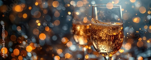 Close-up of sparkling champagne glasses on a black backdrop with golden bokeh lights, evoking elegance and celebration. Perfect for New Year's, weddings, anniversaries and sophisticated gatherings. photo