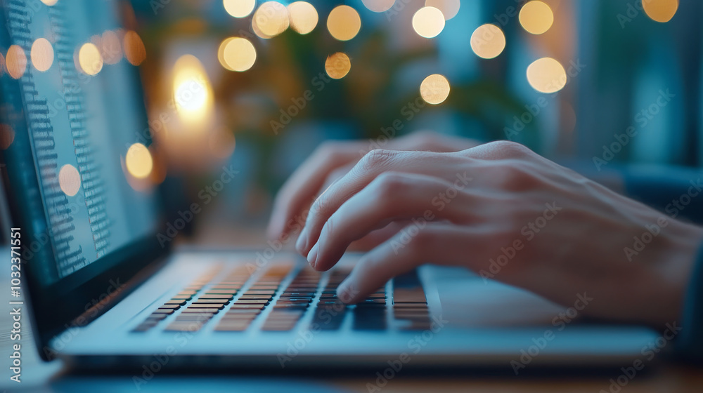 A person typing on laptop with warm, cozy atmosphere created by soft bokeh lights in background. scene evokes sense of productivity and comfort A person typing on laptop with warm, cozy atmosphere created by soft bokeh lights in background. scene evokes sense of productivity and comfort