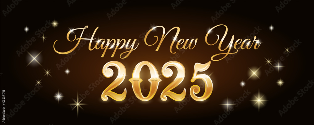 Obraz premium Happy New Year 2025 golden inscription. Shining banner with stars. Background for website or print. Vector graphics.