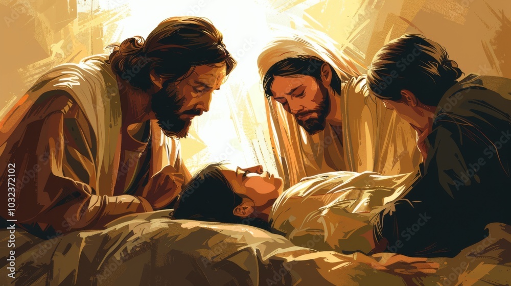 Obraz premium A warm vector of Jesus healing the daughter of Jairus